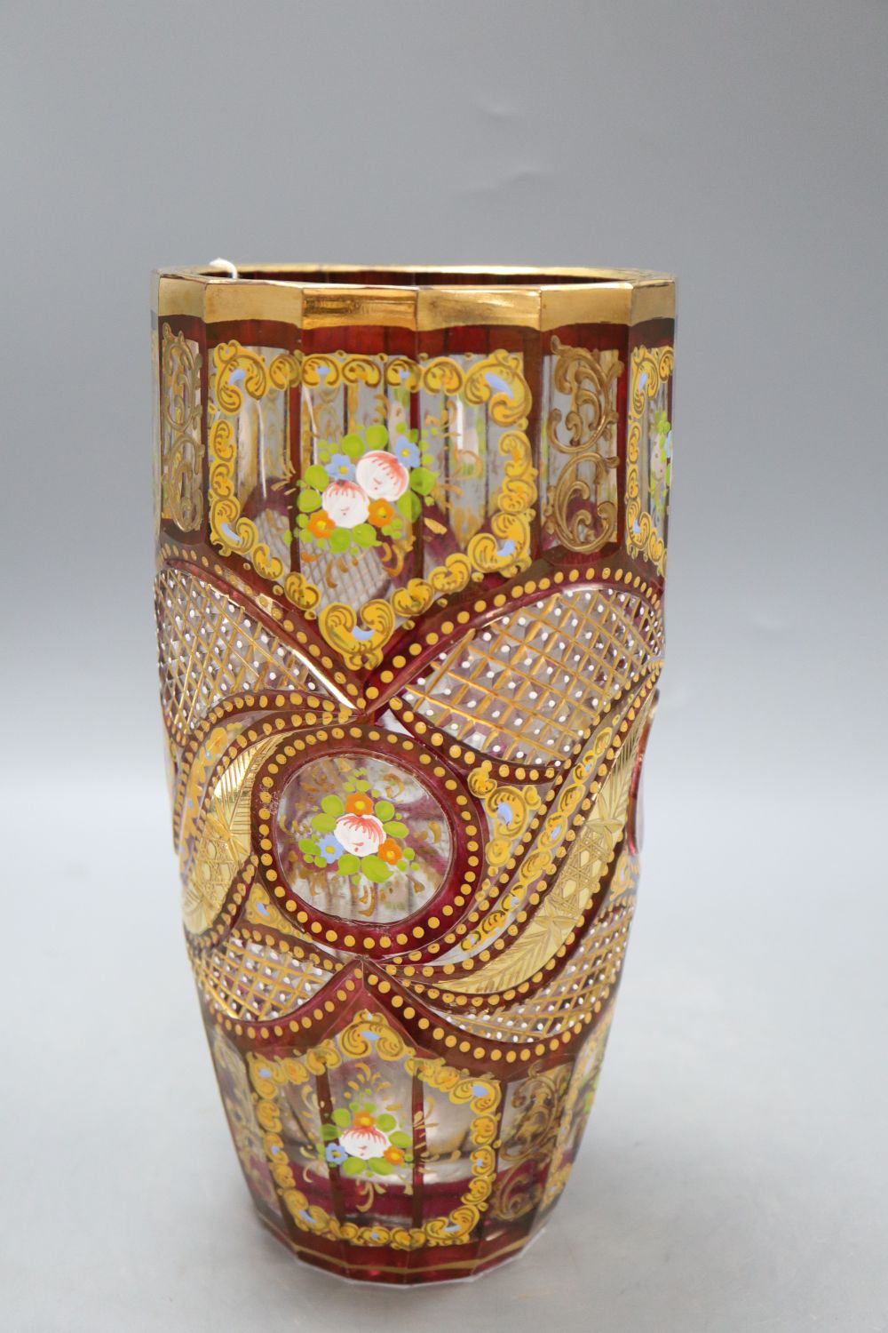 A Bohemian gilt and enamel overlay glass vase, c.1870, height 26.5cm